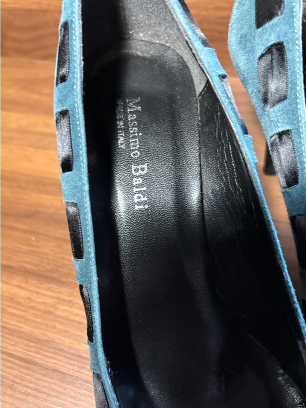Massimo Baldi Italian-Made Blue Suede Heels Black Ribbon & Bow Women's Size 10 - Picture 10 of 15